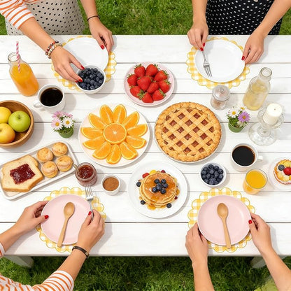 100Pcs Checkered Paper Placemats Yellow Gingham Place Mats 13.5 Inch Disposable Round Decorative Dining Table Mat with Scalloped Edge Paper Cutouts Decor for Wedding Baby Shower Table Party Supplies