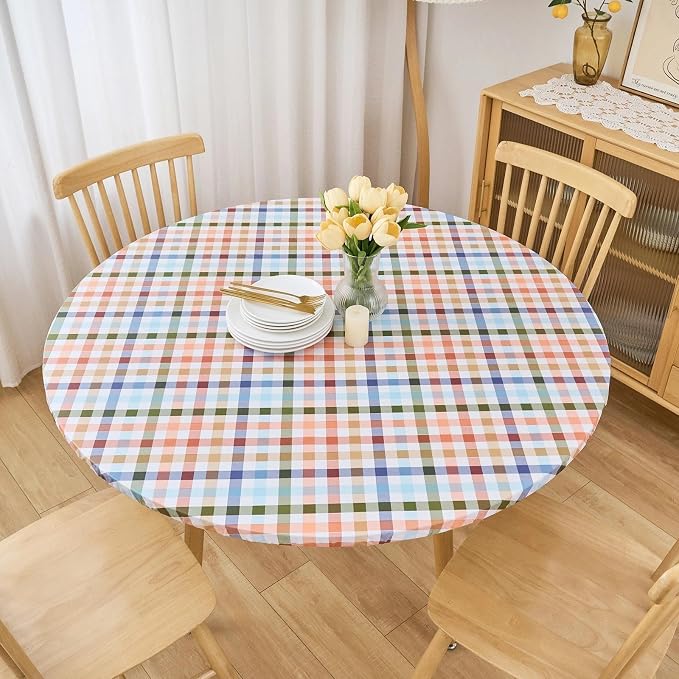LIBERECOO Round Vinyl Fitted Tablecloth with Flannel Backing Elastic Edge Table Cover Waterproof Stain-Resistant Wipeable Tablecloths Fits 40-44 Inch Round Tables