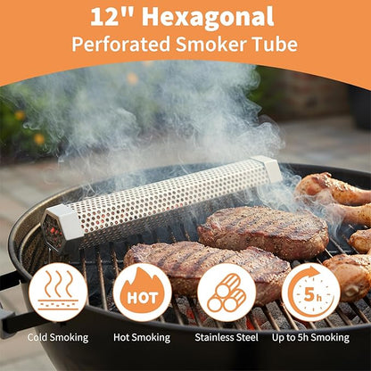 Smoke Tube Compatible with Traeger Grill, 12" Portable Pellet Smoker Tube, Made of Premium Stainless Steel, Hot or Cold Smoking Cheese Beef Nuts Fish, Suitable for Any Grills or Smokers