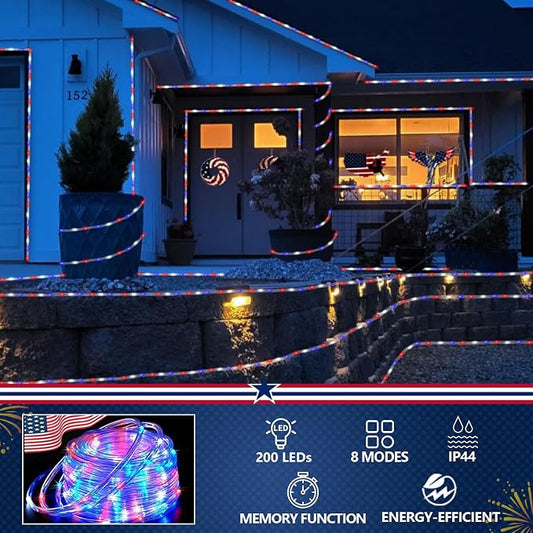 YEGUO Solar Rope Lights Outdoor Waterproof, 66ft 200 LED Red White and Blue Lights, 8 Modes Fairy Lights in Clear Thin Tube for Indoor Independence Memorial Day