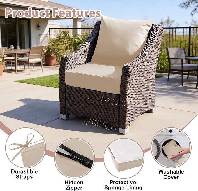 Outdoor Deep Seat Cushion Set, 24x24 Inch, Beige, Set of 2 | Water-Resistant, Fade-Resistant, Removable Cover, For Patio Chair & Sofa&Furniture