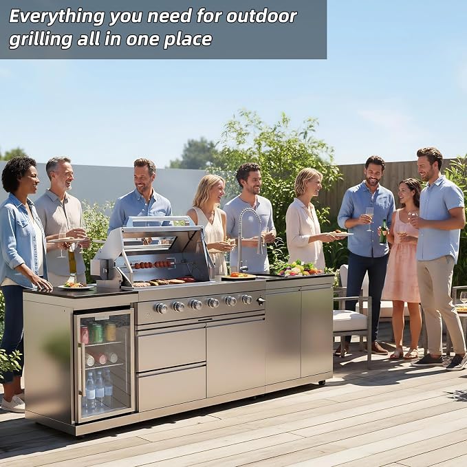 Outdoor Kitchen Island 98.4 Inch, 72000 BTU Gas Grill Combination With Refrigerator and Sink, Outdoor Stainless Steel Barbecue Bar, Natural Gas Barbecue Grill for Patios, Gardens, Parties