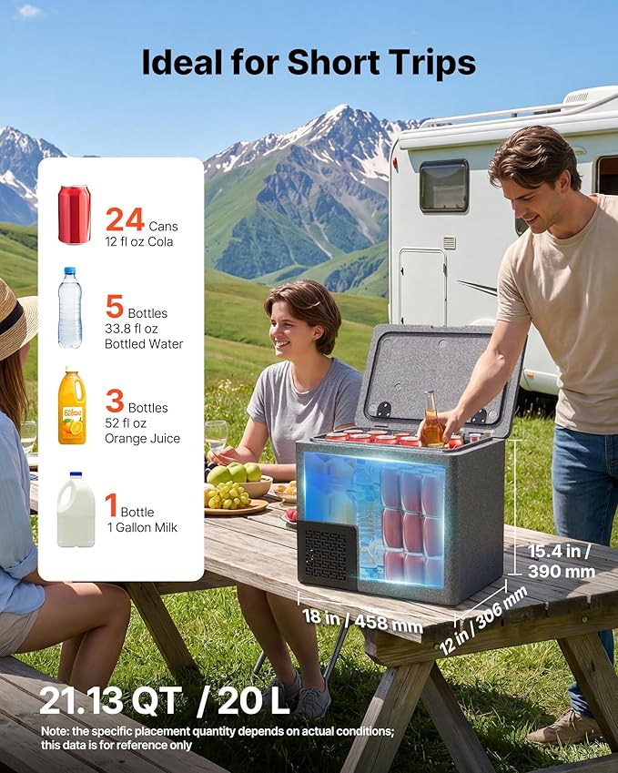 VEVOR 12 Volt Refrigerator, 21.1 QT/ 20L Car Fridge, Portable Ultra-Light EPP Freezer, APP Control Electric Compressor, 12V/24V DC, 14℉ to 50℉, for Truck Van RV SUV Boat Travel Camping