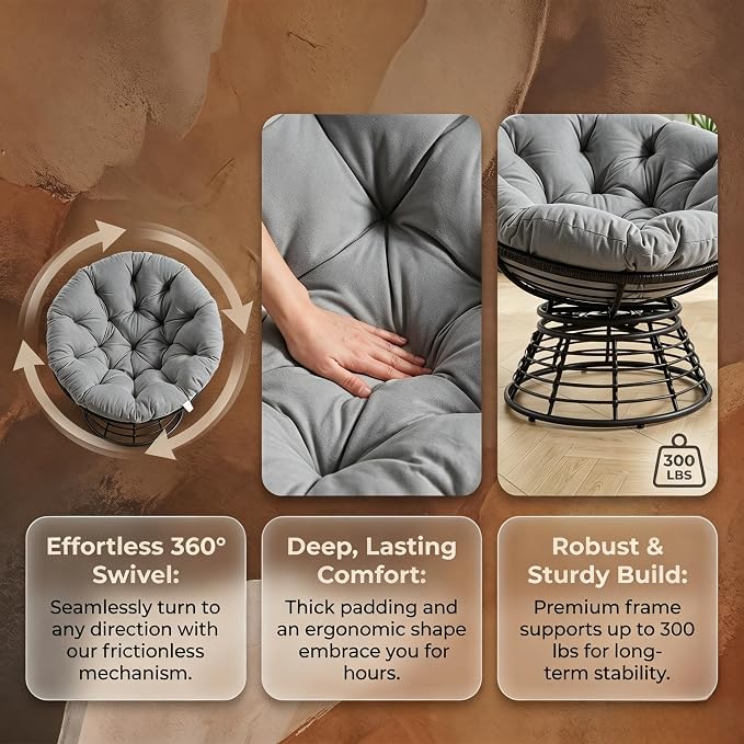 Cushion Papasan Swivel Chair, Ergonomic Wicker Round Chair with Thick Padding, Oversized Swivel Wicker Accent Chairs for Living Room, Bedroom, Reading Room, Balcony, Brown Frame, Gray