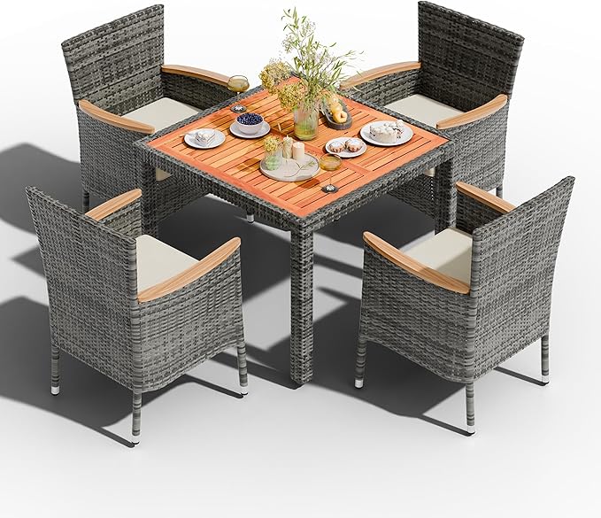 Shintenchi 5 PCS Patio Dining Set, Wicker Patio Conversation Set with Wooden Table Top, Outdoor Table and Chairs with Soft Cushions for Backyard, Deck and Garden, Grey Rattan
