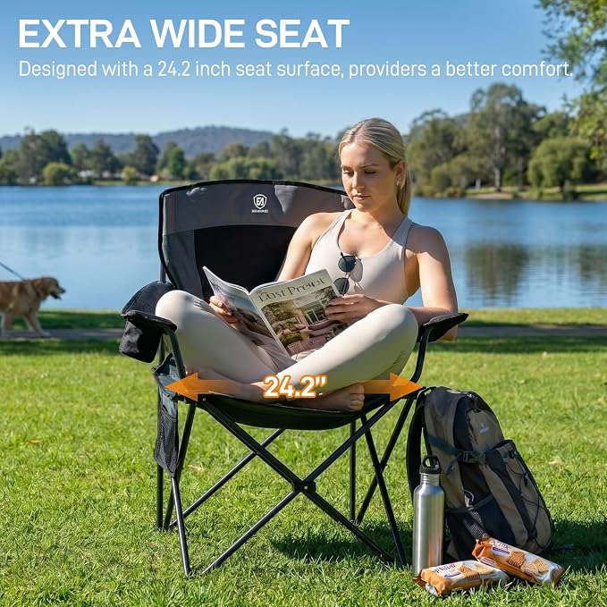 EVER ADVANCED Oversized Folding Lawn Chair, Heavy Duty Steel Camping Chair with Cup Holder, 350 lbs Weight Capacity for Adult Outdoor Fishing & Sports, Black