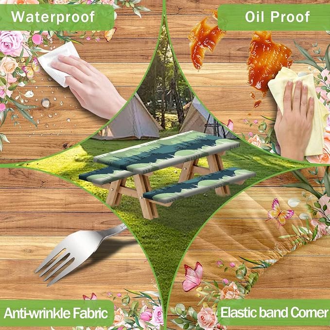 Camper Picnic Table Cover with Bench Covers Elastic Edges, Wooden Camper Fitted Table Cover, Outdoor Patio Camping Essentials 60 Inch 3PCS, Waterproof Camping Fitted Tablecloth with Drawstring Bag