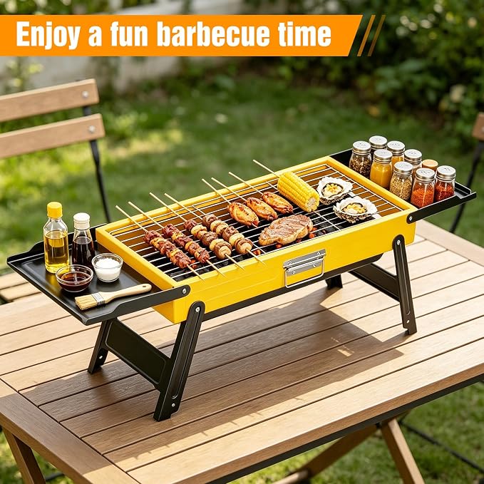 Portable Charcoal Grill, Stainless Steel Camping Tabletop BBQ Grill with Foldable Side Shelves, Compact Tabletop Barbecue with Carry Handle for Outdoor Picnic Backyard Beach Travel