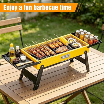 Portable Charcoal Grill, Stainless Steel Camping Tabletop BBQ Grill with Foldable Side Shelves, Compact Tabletop Barbecue with Carry Handle for Outdoor Picnic Backyard Beach Travel