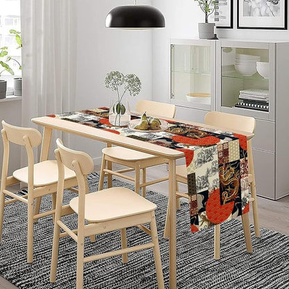 Japanese Table Runner Asian Traditional Dragon Tiger Pattern Patchwork Dinner Runner for Farmhouse Kitchen Dinner Table Haliday Party Decoration 13x60in