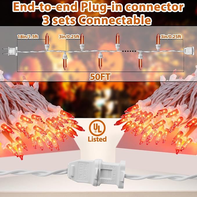 Christmas Mini String Lights Orange, 50FT 200 Count Incandescent Connectable Halloween Lights, UL Listed Waterproof Christmas Decorations for Indoor Outdoor Party Home Garden Decor, White Wire