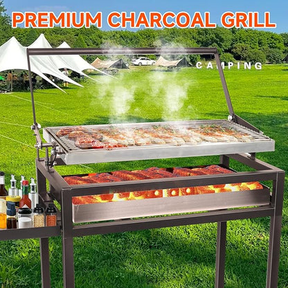 Floor-Standing Rotisserie Grill - 360 Rotating Stainless Steel Flipping Barbecue with Foldable for Outdoor Camping Backyard Includes Wheels Removable Ash Drawer (KA-6168L)