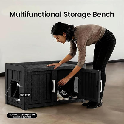 2 Doors Shoe Storage Bench with Cat Cabinet for Entryway, Hallway, Black | 2 Hidden Side Doors Entryway Bench with Seat, Waterproof Resin Shoe Rack for Entryway, Bedroom, Living Room, Indoor/Outdoor