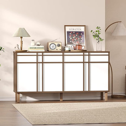 58 inch Sideboard Buffet Cabinet with 3 Drawers, Modern Credenza with 4 Doors & Adjustable Shelf, Large Coffee Bar Storage for Kitchen, Entryway
