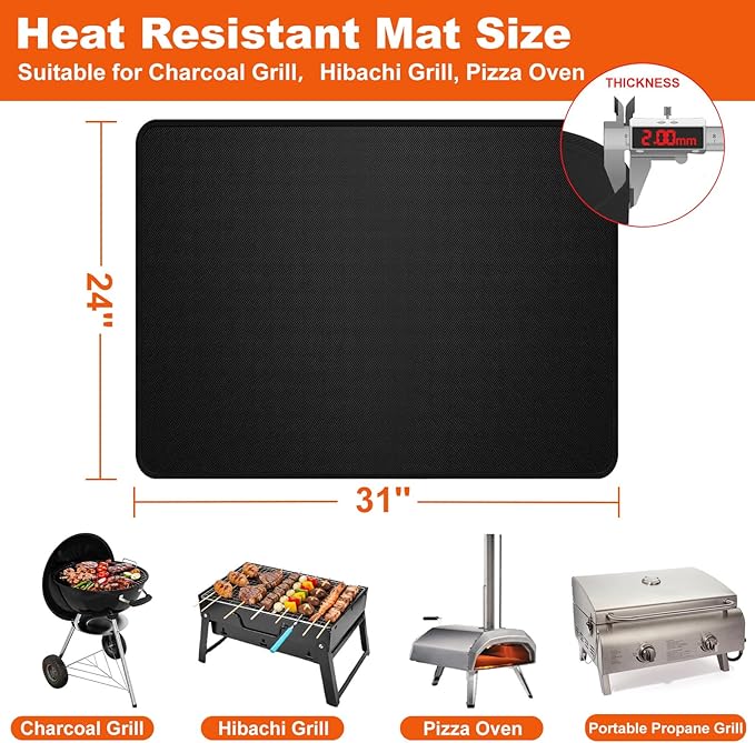 Heat Resistant Mats for Countertop 24x31 Inches, 2mm Thick Non-Slip Fireproof Grill Mats for Outdoor Grill, Portable Charcoal Grill, Pizza Oven Compatible with Blackstone, Ninja–Waterproof/Oil-Proof