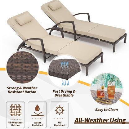Outdoor Lounge Chairs Set of 2, Pool Lounge Chairs for Outside Patio Furniture, Outdoor PE Rattan Wicker Patio Chaise with 5-Positions Adjustable for Poolside, Deck,Beige