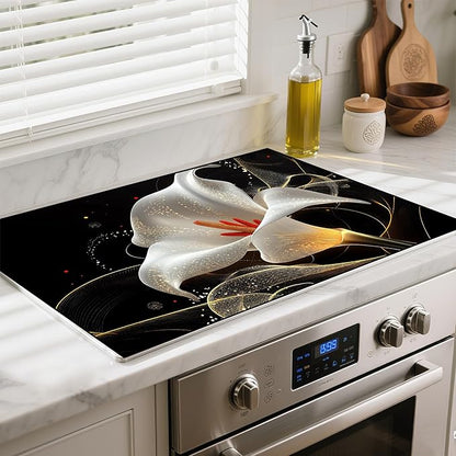 Heat-Resistant Glass Stove Top Cover with Anti-Slip Rubber Coating – Electric Stove Protector, Scratch-Resistant, Counter Space Decor Mat (Calla Lily, 28.5"L x 20.5"W)