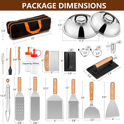 25Pcs Griddle Accessories Kit for Blackstone, Joyfair Stainless Steel Flattop Grilling Spatula Accessory Tools Set with Smash Burger Press Basting Cover for Outdoor BBQ Hibachi Cooking (Wooden Handle)