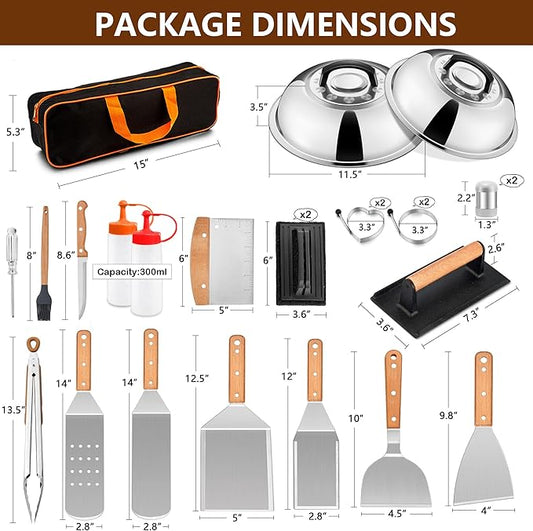 25Pcs Griddle Accessories Kit for Blackstone, Joyfair Stainless Steel Flattop Grilling Spatula Accessory Tools Set with Smash Burger Press Basting Cover for Outdoor BBQ Hibachi Cooking (Wooden Handle)