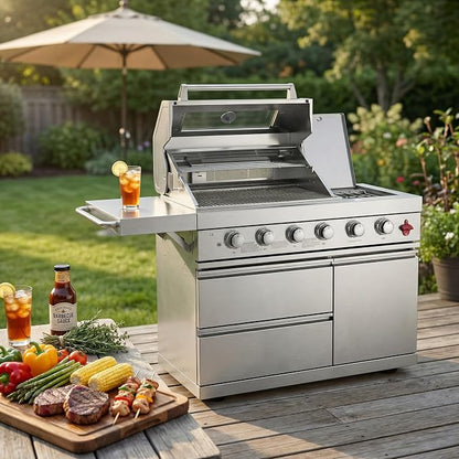 46" Stainless Steel Outdoor Kitchen BBQ Island Grill with LPG Silver | Stainless Steel Outdoor Kitchen Island, 6-Burner 75300 BTU Propane Gas BBQ Grill