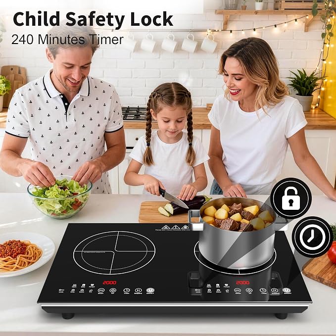 VBGK 2 burner induction cooktop,110V 4000W 2 burner induction plate with Brushed Panel LED touch Control, induction stove top with 10 Power Levels, Kids Lock & 4H Timer