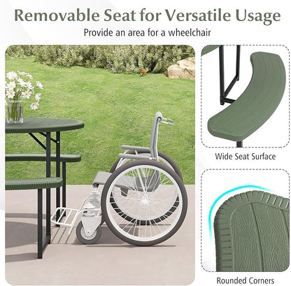 Giantex Picnic Table Bench Set for 4-8 Person, Round 37” Outdoor Dining Table w/Umbrella Hole, HDPE Tabletop, Metal Frame, Patio Furniture Set for Backyard Porch Lawn, 1400lb Capacity (Green,Round)