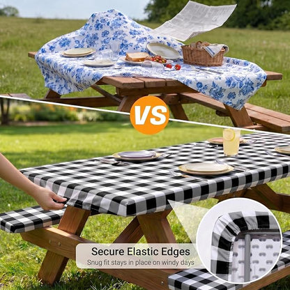 Poise3EHome Picnic Table Cover with Bench Covers, 6 Foot Fitted Elastic Tablecloth Set, Heavy Duty Polyester with TPU Waterproof Backing, Washable Outdoor Picnic Set for Camping,RV & Park(Black&White)