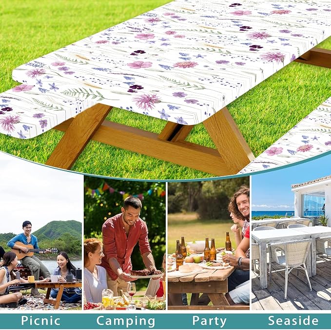 Floral Picnic Table Cover with Bench Covers and Bag, Rustic Wildflower Waterproof Windproof Washable Camping Table Camping Essentials Cover with Elastic Edges, 3 Pcs Set 30x60 Inch