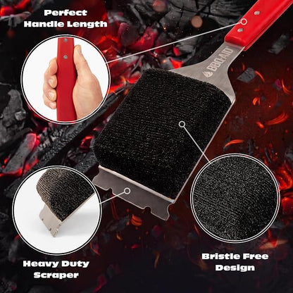 Bristle Free Grill Brush Cleaner and Scraper for Barbecue, Replaceable Head | Safe Bristle-Free Stainless Steel Scrub Pad with Heavy-Duty Scraper & Long Red Handle, Safe on Any Grill Grate