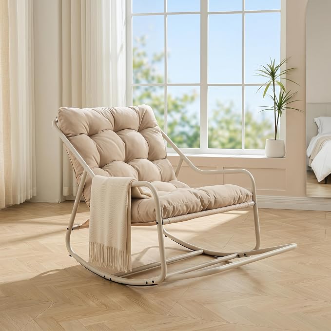 Outdoor Rocking Chairs, Metal Frame Outdoor Rocker with Footrest, Comfy Oversized Patio Chair with Thick Cushion, Reading Glider Lounge Chair for Living Room, Bedroom, Garden, Relax, Beige