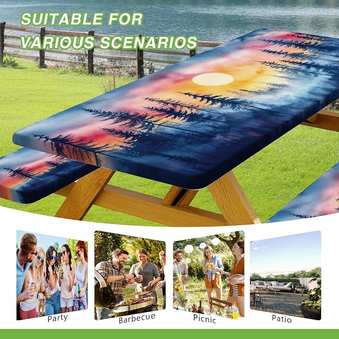 JAWO Picnic Table Cover with Bench Covers, Forest Mountain Camping RV Essentials Gear Supplies Outdoor Camper Waterproof Windproof Tablecloth with Elastic, 90in
