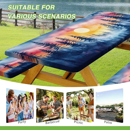 JAWO Picnic Table Cover with Bench Covers, Forest Mountain Camping RV Essentials Gear Supplies Outdoor Camper Waterproof Windproof Tablecloth with Elastic, 72in