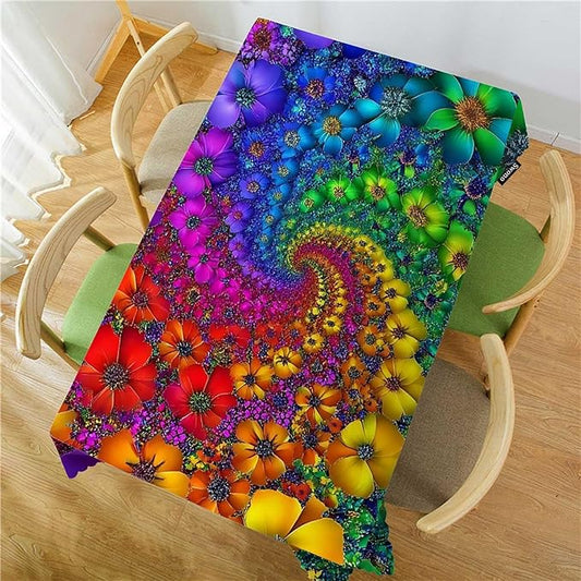 Swono Tie Dye Tablecloth Rainbow Spirals Flower Petals Tie Dye Rectangle Table Cloth Washable Plaid Table Cover for Kitchen Holiday Dinner, 52x 70 Inch Tablecloth