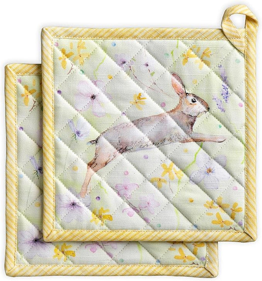 Maison d' Hermine Pot Holders 100% Cotton Heat Resistant Potholders 8" x 8" Hot Pads with Loop BBQ Cooking Baking Hotel Farmhouse Kitchen Handling Hot Pans Spring Summer (Pack of 2, Easter Zest)