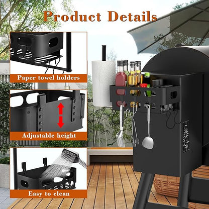 Storage Bin for Traeger Grills,BBQ Basket with Paper Towel Holder,7 Metal Hooks Compatible with Traeger Pro 20/22/34/575/780, Ironwood 650, Z Grills, Pit Boss Pellet Grills Black