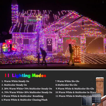 Solar Christmas lights Outdoor 2 Pack 480 LED Warm White to Multicolor | 170FT, 8 Lighting Modes, Memory Function, Auto On/Off, Waterproof Twinkle Lights for Outside Roof Porch Patios Balcony Decor