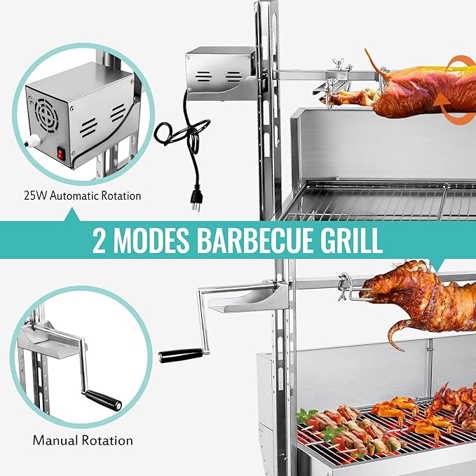 Rotisserie Grill Charcoal Spit Roaster, Stainless Steel 48.6" Pig Lamb Hooded Roaster Charcoal Spit With 25W Motor & Adjustable Height Lockable Casters For Party Barbecue,176 LBS With Baffle