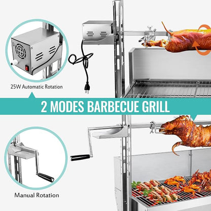 48.6" Electric Rotisserie Grill, Pig Lamb Spit Roaster Stand - 176 Lbs Capacity, Adjustable Height, BBQ Charcoal Rotisserie Grill Kit - Stainless Steel For Outdoor Party Camping
