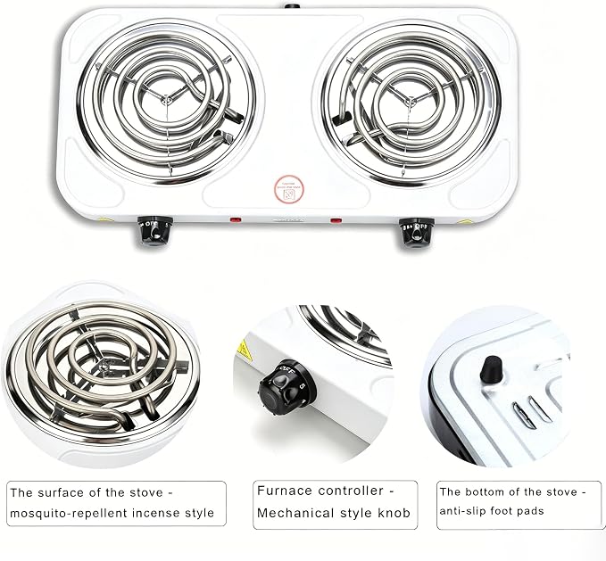 2200W Portable Electric Hot Plate for Cooking, Two Burner Electric Cooktop,Double Coil Electric Burner, Electric Stove with 2 Burner,Adjustable Temperature Control，White