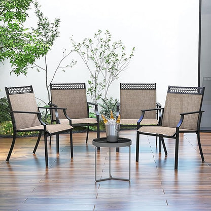 Giantex Patio Chairs Set of 2, Outdoor Chairs with All Weather Fabric, High Backrest, Armrests, Heavy Duty Metal Armchair, Outside Dining Chairs for Porch Lawn Garden Yard Pool (Light Brown & Black)