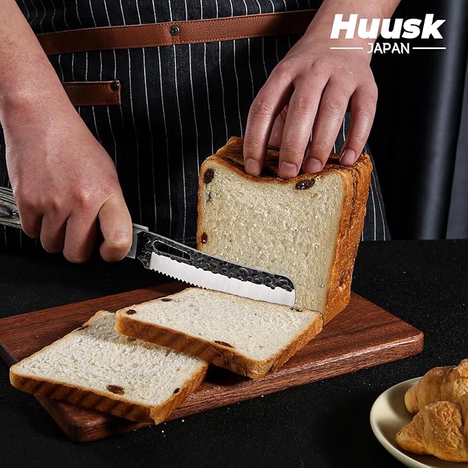 Huusk Japanese Folding Bread Knife - Pocket Knife with Wide Wavy Edge for Homemade Bread, Steak and Tomato - Hand Forged Kitchen Knives for BBQ, Camping and Travel - Gift for Men and Women