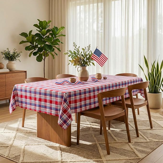 4th of July Red White and Blue Plaid Tablecloth – Waterproof Patriotic Independence Day Table Cover for BBQ, Picnic, Party, Farmhouse Kitchen & Outdoor Decor, W60 x L84 in