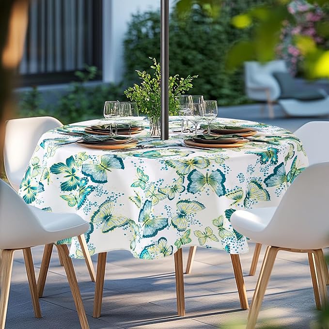 Lamberia 60" Round Patio Tablecloth with Umbrella Hole and Zipper, Waterproof Outdoor Table Cover for Patio, Backyard, BBQ, Picnic & Indoor Dining, Washable Polyester Circular Tablecloth
