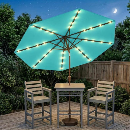 10FT Solar Lighted Patio Umbrella, Outdoor Table Market Umbrellas with Push Button Tilt and Crank, 32 LED Lights, 8 Sturdy Ribs, UV-Resistant for Deck, Garden, Pool