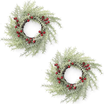 2 Pcs Christmas Candle Rings Wreaths, 10 Inch Flocked Candle Wreath with Artificial Berries Rosemary, Christmas Candle Holder Indoor Decor for Home Kitchen Cabinets Centerpieces for Tables
