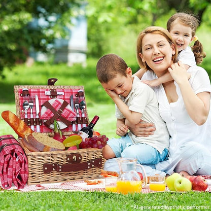 Wicker Picnic Basket Set for 4, Blanket, Cooler Bag, Pink Red Plaid | Four-Person Wicker Set Includes Tableware, Insulated Food Storage and Waterproof Blanket for Parks, Camping, Dates and Gifts