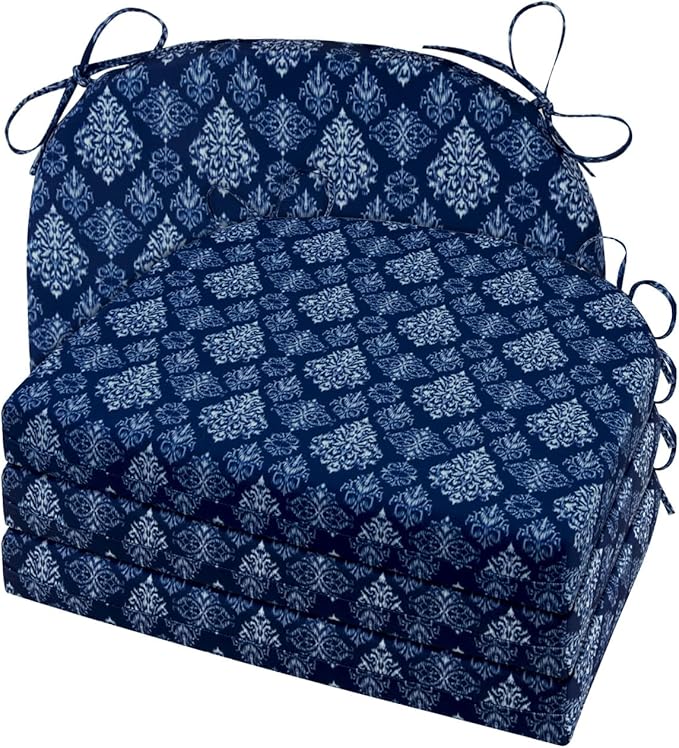 Cozyide Outdoor Chair Cushions, Waterproof Patio Seat Cushions with Adjustable Straps, Round Corner Patio Chair Cushions for Garden, Indigo Badge, 17x16x2 Inch (Pack of 4)