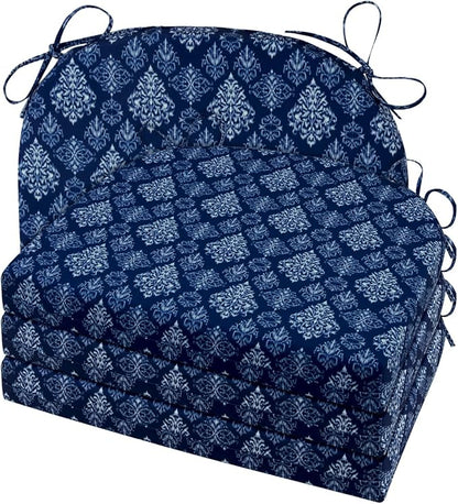 Cozyide Outdoor Chair Cushions, Waterproof Patio Seat Cushions with Adjustable Straps, Round Corner Patio Chair Cushions for Garden, Indigo Badge, 17x16x2 Inch (Pack of 4)
