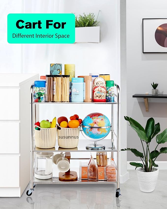 susunnus Stainless Steel Cart,Movable,5 Tier,for Kitchen,Living Room | with Brakeable Wheels,Removable checkered panel,for Bathroom,Dining Room,Stainless Steel Kitchen Cart,Utility Cart,Metal Cart