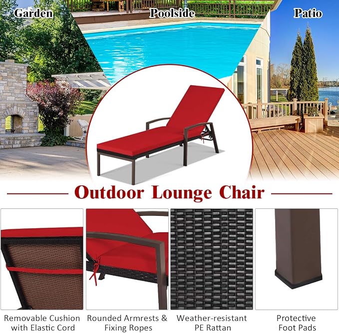 Tangkula Patio Rattan Lounge Chair, Outdoor Reclining Chaise with Cushion and Armrest, Wicker Sun Lounger with Adjustable Backrest for Garden, Balcony, Poolside (1, Red)